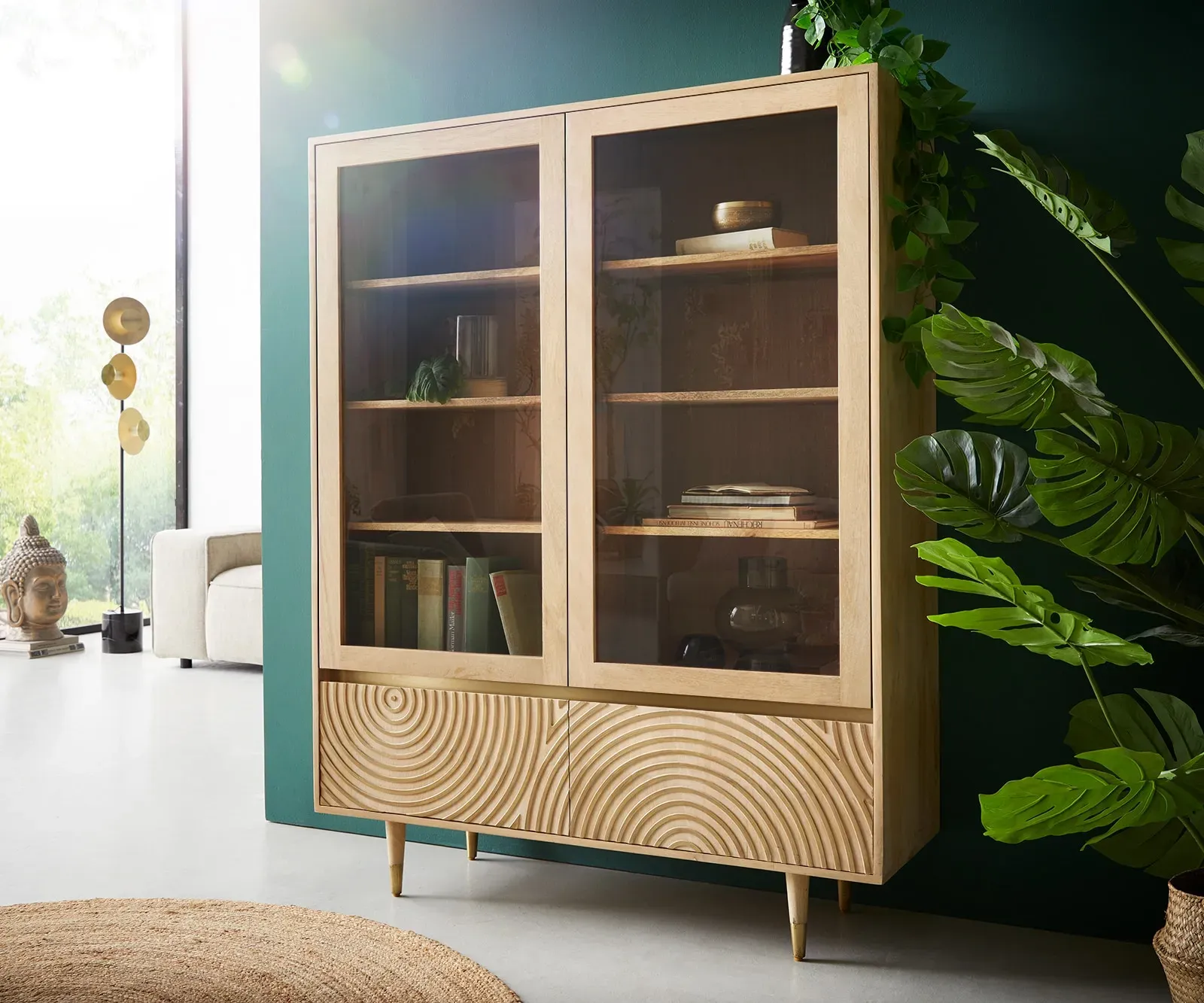 DELIFE Vitrine Budaya 115x135 cm Manguier naturel 4 portes Pieds coniques, Vitrines