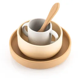 Reer 4-tlg. Silikon-Geschirrset 1x Teller, Schale, Becher, 1x Löffel für warme | kalte Speisen – Löwe - |beige