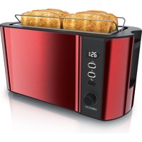 Arendo 4 Scheiben Edelstahl Toaster Langschlitz, Brötchenaufsatz, Display mit Restzeitanzeige, Doppelwand, Toaster, Rot