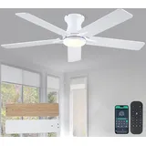 Kviflon Flachbau-Deckenventilator mit LED-Beleuchtung und Fernbedienung, 132CM Weißer Deckenventilator mit Leisem Reversiermotor, Moderne Einbau-Deckenleuchte für Innen-/Außenbereiche mit Überdachung