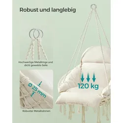 Hängesessel, Hängeschaukel, Robuster Metallrahmen, Dickes Kissen, skandinavischer Stil, bis 120 kg belastbar, Zubehör inklusive, cremeweiß