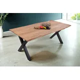 Esstisch Baumkante Akazie massiv eichenfarben 140 x 80 cm X-Gestell schwarz DEREK - Naturbelassen