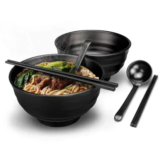 2 Sets (6 Stück) Japanische Ramen Schüssel Set, 35 Unzen große Ramen-Schalen, Rutschfeste Suppe Schale mit Löffel und Essstäbchen, für Pasta, Obst, Nudelsalat, Schwarz