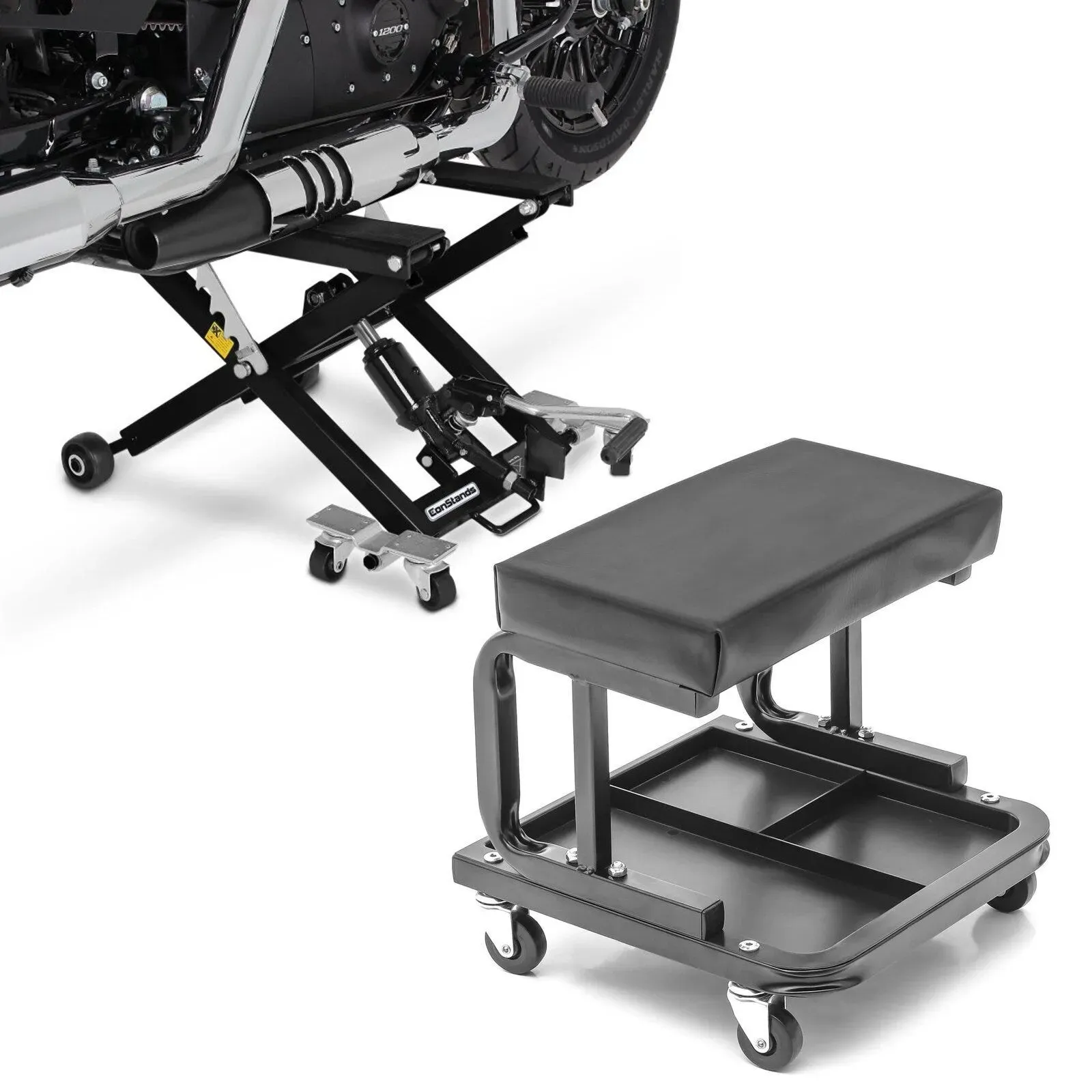 Set: Motorrad Hebebühne ConStands Midlift XL Motorradheber bis 500kg in schwarz + Werkstatthocker mit Rollen ConStands WS3 Werkstattstuhl schwarz