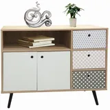 Möbilia Sideboard | 2Türen,3Schubladen,1offenes Fach | MDF mit glatter Nachbildungsfolie|white wash mit blau-weißer Front|B106,5xT39xH77cm|25020095