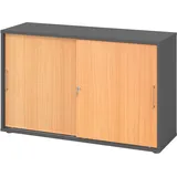 bümö Schiebetürenschrank 2OH - Aktenschrank abschließbar, Sideboard Schrank mit Schiebetüren in Graphit/Buche, Bügelgriff - Büroschrank aus Holz mit Schiebetür, Büro Kommode für Ordner & Co.