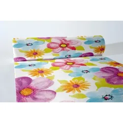 MANK Tischläufer Airlaid Luana, 40 cm x 24 m , 1 Stück - Tischtuch Blumen Blüten Aquarell