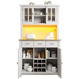 Flieks Küchenbuffet (mit Arbeitsplatte und verstellbaren Ablagen, 1-St., 106x40x179,5 cm) Hochschrank mit LED Küchenschrank Bücherschrank Buffetschrank weiß weiß