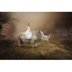 Fototapete PAPERMOON "Surreales Mädchen, das Nashorn reitet", bunt, B:4,0m L:2,6m, Vlies, Tapeten