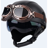 Motorrad-Halbhelm für Erwachsene Retro-Helm mit Offenem Gesicht und Schutzbrille DOT/ECE-Zugelassener Leder-Halbschalenhelm für Cruiser Chopper-Motorrad-Moped-Scooter-Helm