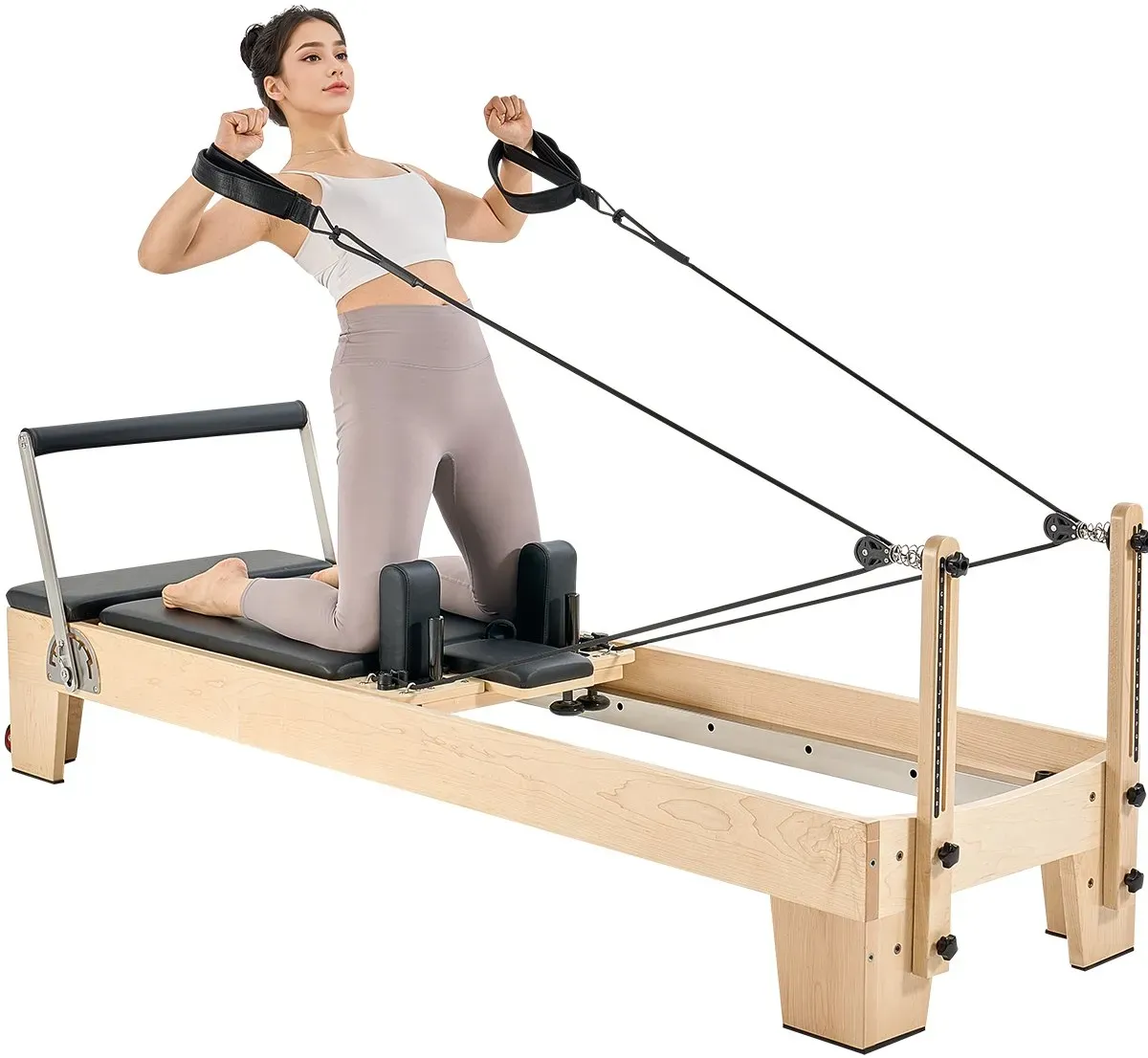 VEVOR Pilates Reformer Trainingsgerät aus Holz für den Einsatz im Heim-Fitnessstudio, Pilates-Bett mit doppeltem Widerstand – Feder & Kordel, Ausrüstung mit Sitzbox , bis zu 181,44 kg