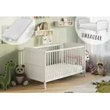 Kids Collective Babybett 70x140 umbaubar mit Matratze, Gitterbett Kinderbett höhenverstellbar & herausnehmbare Sprossen optional mit Schublade | weitere Größe: ... - Weiß