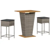 vidaXL 3-tlg. Gartenbar-Set mit Kissen Grau Poly Rattan