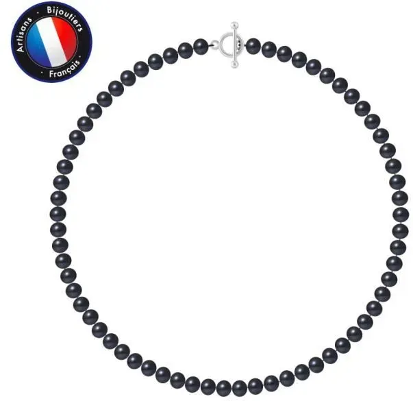 PERLINEA - AAA+ Semi-Round Freshwater Cultured Pearl Necklace 6-7 mm - Black - 925 Thousandths Silver T-Clasp - Women's Jewelry