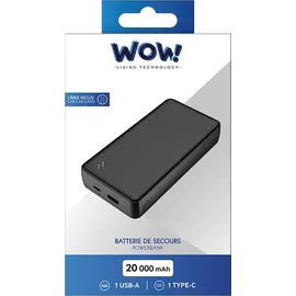 Wow WOW, Powerbank 20000 mAh USB-A / USB-C kompakt, Schwarz