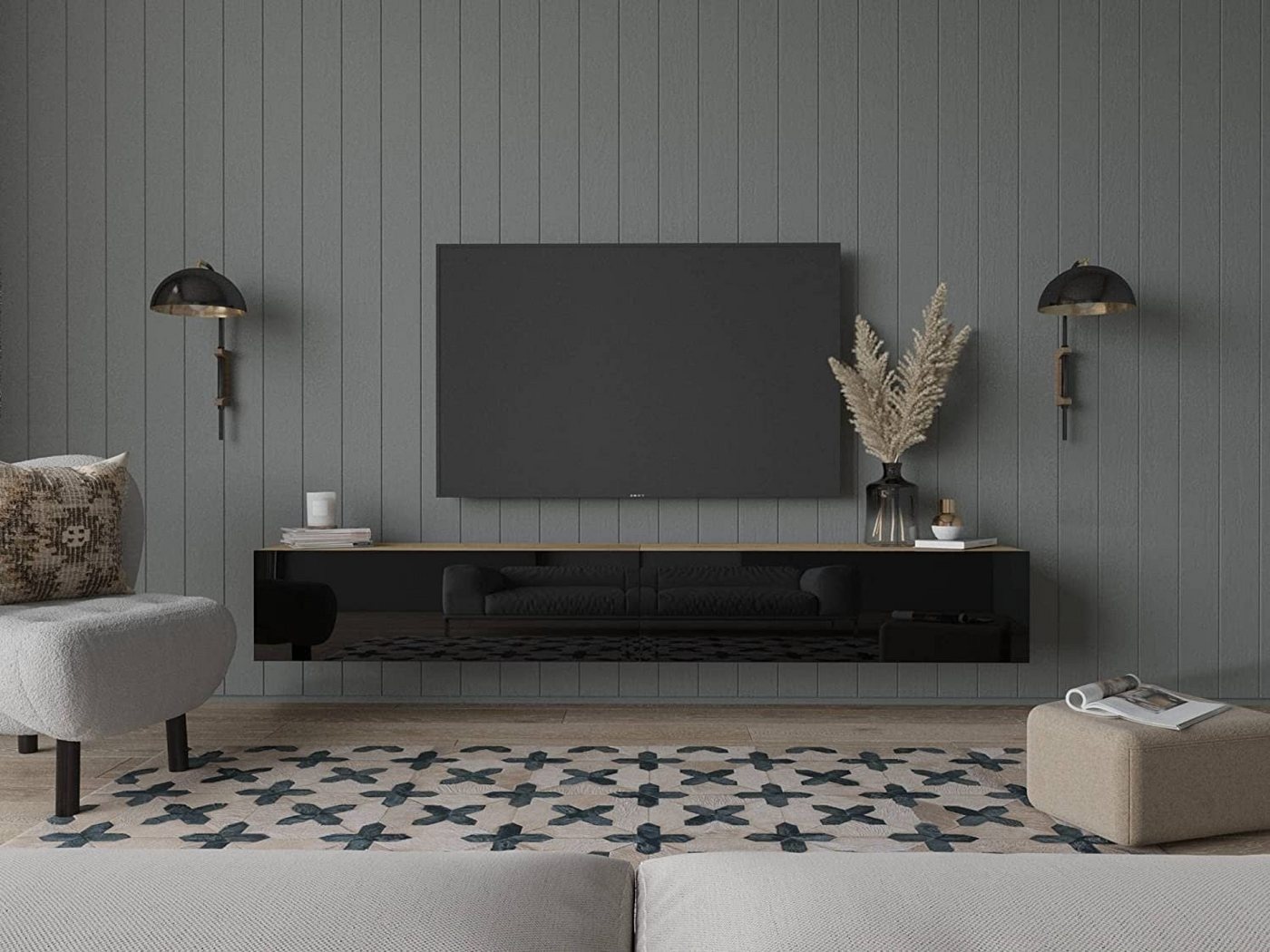 Platan Room Lowboard, Fernsehschrank 105/140/160/210/280cm breit Hängend Stehend Hochglanz schwarz 210 cm