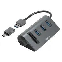 Hama USB-Hub/Kartenleser 5 Ports 3x USB-A, SD microSD, inkl. USB-C-Adapter