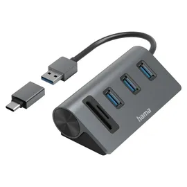 Hama USB-Hub/Kartenleser 5 Ports 3x USB-A, SD microSD, inkl. USB-C-Adapter