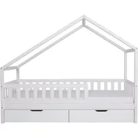TICAA TiCAA Hausbett Bodenbett wandelbar mit asymmetrischem Dach "Lou" 90/100/120/140x200 cm für Jungen & Mädchen, inkl. Rolllattenrost, Schubladen & Rausfallschutz, Montessori Bett aus Kiefer Massivholz