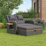 Garten-Lounge-Sessel-Set für 2 Personen, graues Rattan, verstellbare Rückenlehne, Stützfuß, mit Fußhocker oder als Outdoor-Bett nutzbar