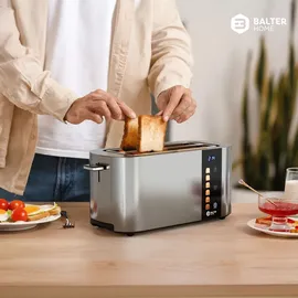 Balter Toaster 4 Scheiben, Langschlitz, Edelstahl, Brötchenaufsatz, LCD Display, Auftaufunktion, Brotzentrierung, Krümelschublade TS-34 Silber