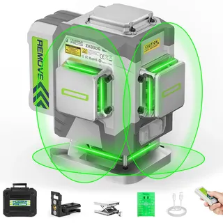 Huepar Pro kreuzlinienlaser 3D Selbstnivellierendes, 12 Zeilen hochpräzises professionelles grünes Laser Wasserwaage mit wiederaufladbarem 8000mAh Li-Ionen-Akku und Hartschalenkoffer ZK03DG-S