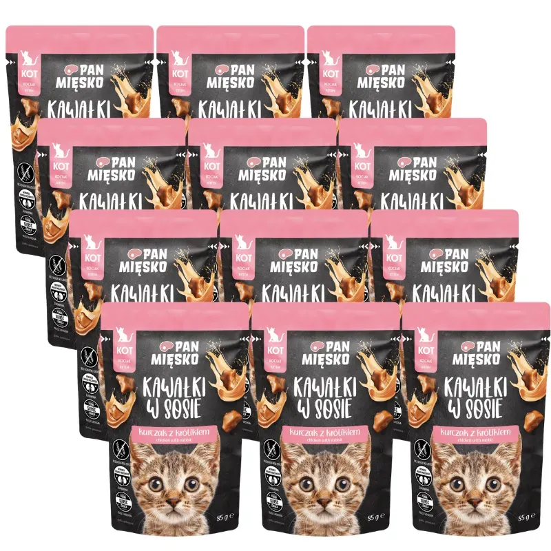 PAN MIĘSKO Stückchen in Soße – Huhn mit Kaninchen, 10x85g, für Kätzchen