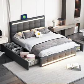 XDOVET Polsterbett(140*200)LED-Polsterbett mit 4 Schubladen+2 USB-Ladestationen,Bettrahmen mit LED-Kopfteil-Fußteil,gepolstertes Plattformbett mit Stauraum