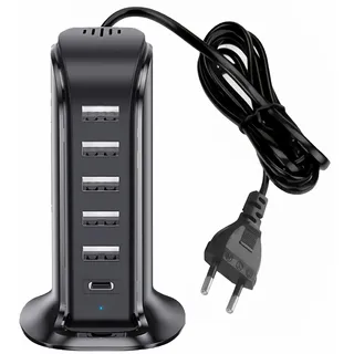 D97CS Bolwins 6-Port USB Ladegerät 30W Schnellladegerät mit Netzkabel – Mehrfach USB Ladeadapter für Handy Tablet Smartphone Headset Powerbank – Kompatibel mit 100–240V EU Stecker
