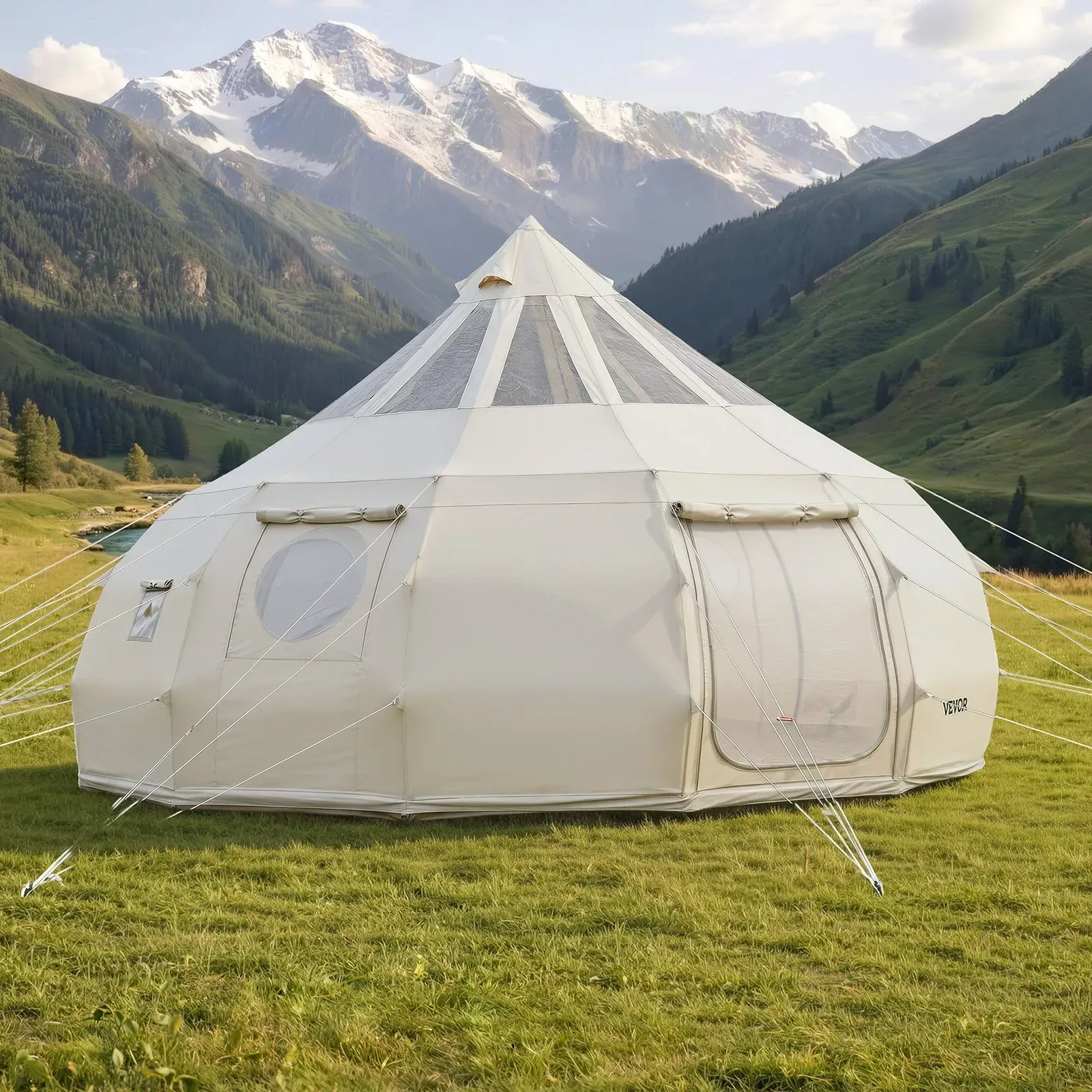 VEVOR Canvas-Glockenzelt, 5 m Jurte, 4 Jahreszeiten, mit Ofenrohrdurchführung & Regenhülle, Poly-Baumwoll-Gewebe, bis zu 12 Personen, für Familien-Camping, & Andere Outdoor-Aktivitäten, Beige