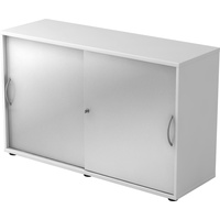 bümö Schiebetürenschrank "2OH" - Aktenschrank abschließbar, Sideboard Schrank mit Schiebetüren in Weiß/Silber - Büroschrank aus Holz mit Schiebetür,
