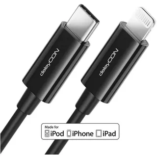deleyCON 0,5m USB-C auf Lightning 8 Pin Ladekabel Datenkabel Ultra Schnellladekabel MFi Zertifiziert für Apple iPhone 14 13 12 11 Pro Max Mini Power Delivery - Schwarz