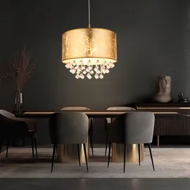 GLOBO Hängeleuchte Textil gold Pendelleuchte Kristalle Esszimmer Wohnzimmerlampe Pendel, Blattgold Optik, App Steuerung cct, 1x Smart RGB LED 10W 806Lm,