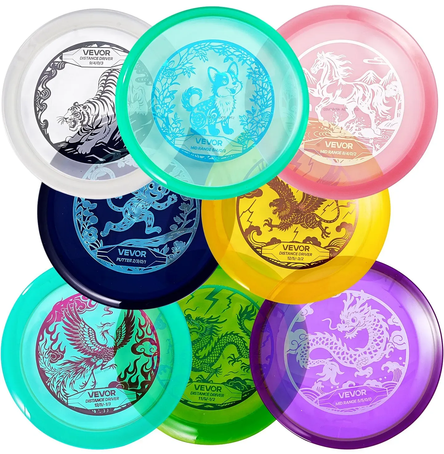 VEVOR Discgolf-Set Starterset (8 Stk.), Anfänger-Frisbees für Ganzkörper-Krafttraining, mit Putter, Mid-Range, Driver, für Garten Rasen Strand Park im Freien