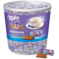 Milka Naps Alpenmilch 1 x 1kg, Zartschmelzende Mini-Schokoladentäfelchen aus feiner Alpenmilchschokolade, Dose