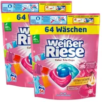Weißer Riese Color Trio-Caps Aromatherapie Essentials (2x64 Wäschen), Waschmittel mit Orchidee & Macadamiaöl, Colorwaschmittel mit ätherischen Ölen & intensivem Frische-Effekt