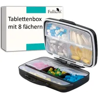 Fullicon Tablettenbox mit 8 Fächern, Vitamin Supplement Box, Pillendose für Medikamente, Tabletten Organizer, Schwarze Tabletten Box für Nahrungsergänzungsmittel