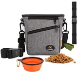 Ownpets Leckerlibeutel für Hunde, Hunde Trainingstasche, Leckerlietasche für Hunde, Snackbeutel mit Kotbeutelloch, Faltbarer Wasserschale, verstellbarem Schultergurt, Taillengütel und Clip, Grau