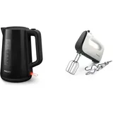 Philips HD9318/20 Wasserkocher Serie 3000, 1,7l, Federdeckel, LED-Anzeige, schwarz & HR3741/00 Handmixer (450 Watt, 5 Geschwindigkeiten plus Turbo) weiß/schwarz