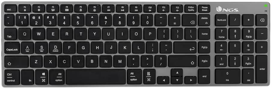 NGS Fortune-BT- Wiederaufladbare kabellose Multi-Device Tastatur, Bluetooth 5.0, Reichweite 10 Meter, spanische QWERTY, Farbe Schwarz