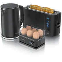 Arendo Frühstücks-Set Wasserkocher 1,5l, 2-Scheiben Toaster, 6er Eierkocher, Schwarz