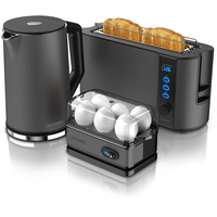 Arendo - Wasserkocher mit Toaster SET, Wasserkocher 2200W 1,5 L, wählbaren Temperaturstufen, 1000W Langschlitz Toaster für 2 Scheiben Toast und Brötchenaufsatz, Eierkocher für 1-6 Eier, BPA frei