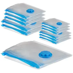 Relaxdays Vakuumbeutel 12er Set, Kompressionstüten, 4 Größen, Kleidung & Decken, Vakuumierbeutel mit Ventil, transparent