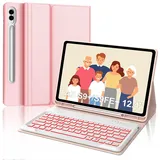 IVEOPPE Tastatur für Samsung Galaxy Tab S9FE Plus, Hülle mit Tastatur für Samsung Tab S9+ 12.4", Magnetisch 7-Farbige Beleuchtung Tastatur QWERTZ Layout Galaxy S9+/S9FE+ Tablet 2023, Rosa