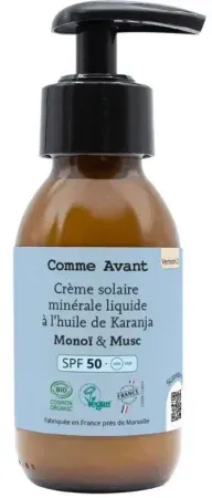 Comme Avant Mineralische Flüssige Sonnencreme Mit Karanjaöl SPF50 Monoï & Moschus 105g