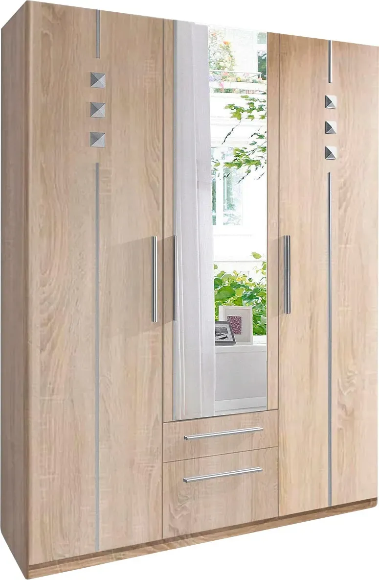 Kleiderschrank PRIESS, braun (struktureichefarben hell), B:140cm H:193cm T:54cm, Holzwerkstoff, Schränke, Kleiderschrank, 1-bis 5-türig, mit silberfarbigen Applikationen