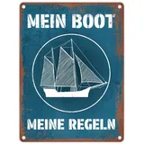 speecheese Mein Boot meine Regeln Metallschild in 15x20 cm mit Rostoptik in blau Blechschild im Used Look Geschenk für Bootsbesitzer und Segler die ihre Wohnung oder das Schiff verzieren