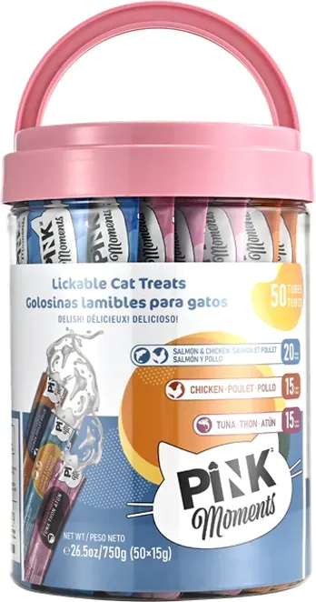 PINK Weiche Katzensnacks – Gemischte Geschmacksrichtungen (Thunfisch, Huhn, Lachs & Huhn), 50 Sticks × 15g – Ohne Zusätze, Getreidefrei & Gelatinefrei – Haarballen- & Verdauungsunterstützung – Vertrauenswürdige Kanadische Haustiermarke