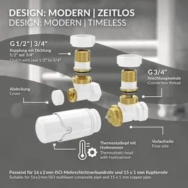 luxebath Thermostatventil + Rücklaufverschraubung für Heizkörper Komplett-Set Eckform Weiß