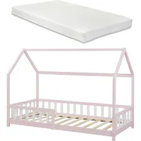 [en.casa] Hausbett Hesel mit Matratze und Rausfallschutz 90x200cm Rosa